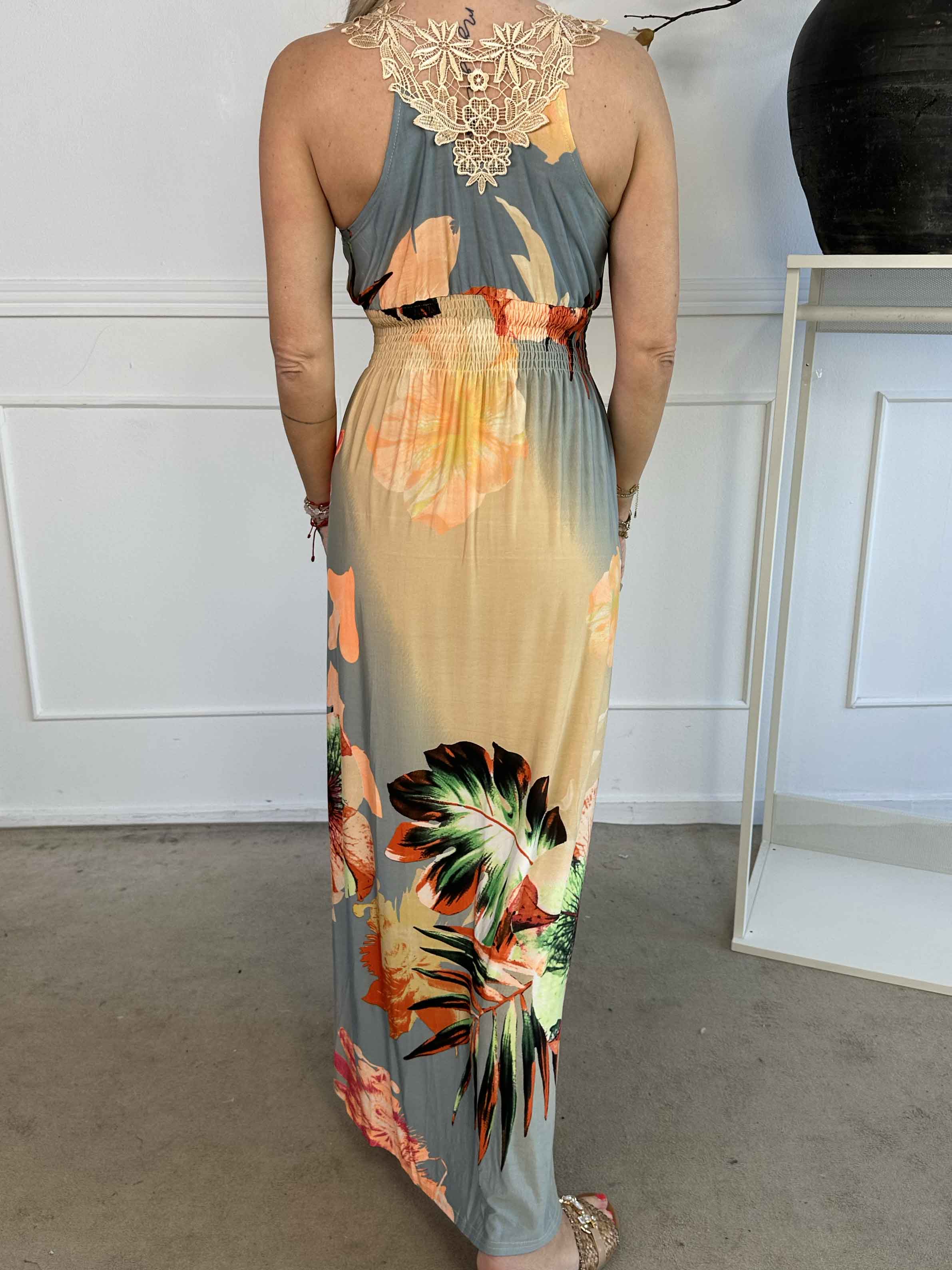 Nantes - Lang kjole i elastisk stof med broderet ryg